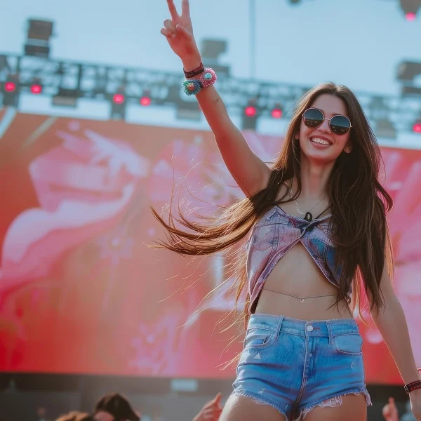 Femme portant des lunettes de soleil et un short en denim, profitant d'un festival de musique en plein air.